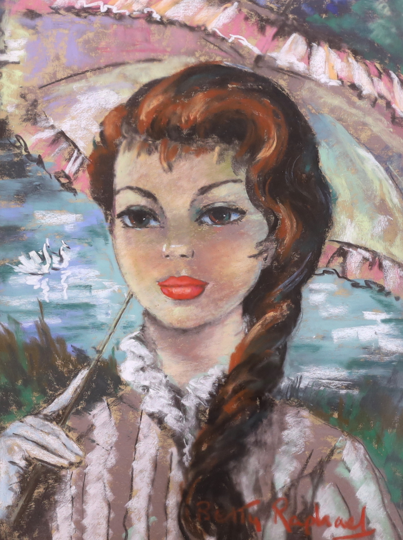 Betty Raphael (20th.C), pair of pastels, Portraits of young women holding parasols, each signed, 40 x 30cm